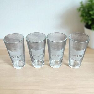 Cat “Meow” Etched Glass Water Tumblers Drinking Glasses 16oz Set of 4